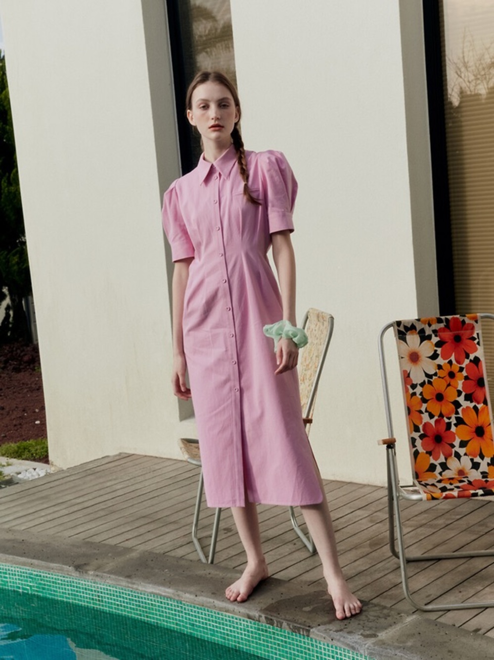 AND YOU FAIRFAX Puffed Shoulder Waist Tuck Detail Shirt Dress Midi Size 2 Pink
